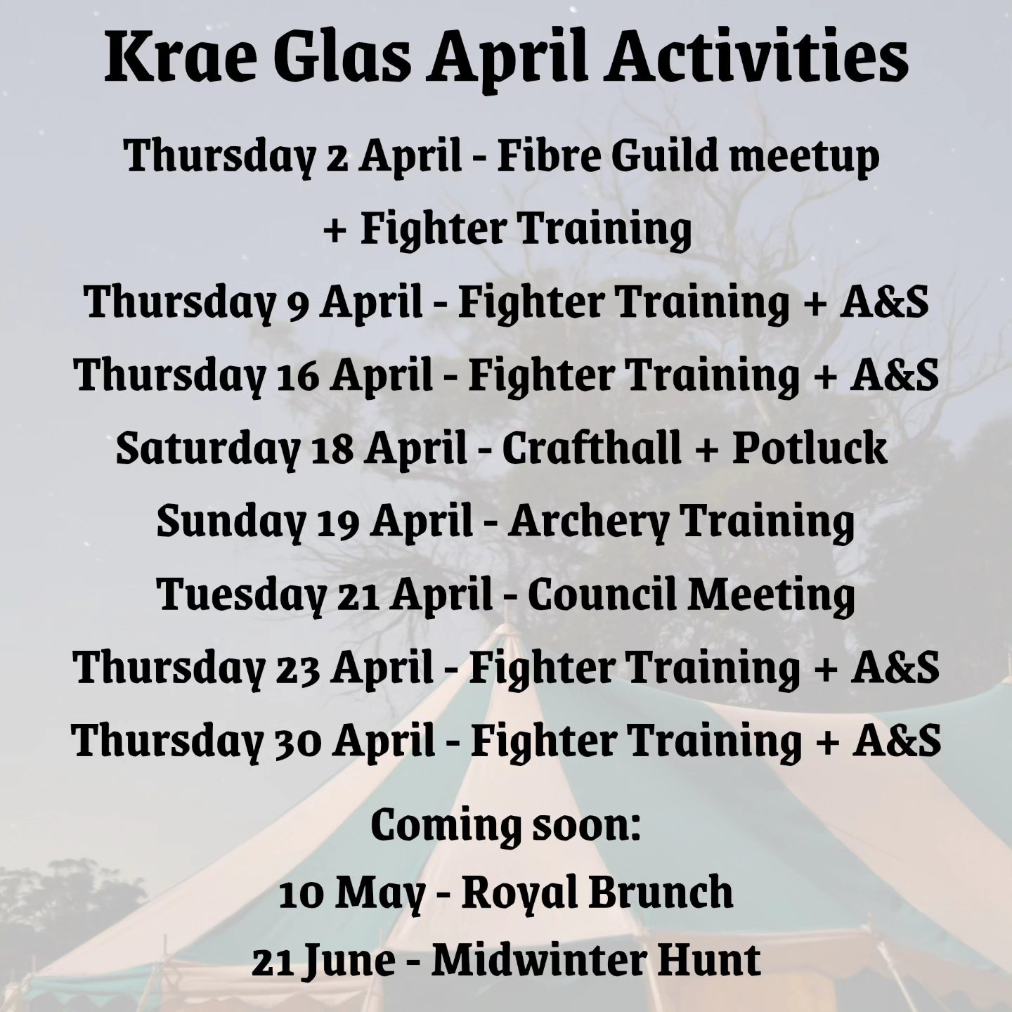 Krae Glas April 2026 Upcoming Events